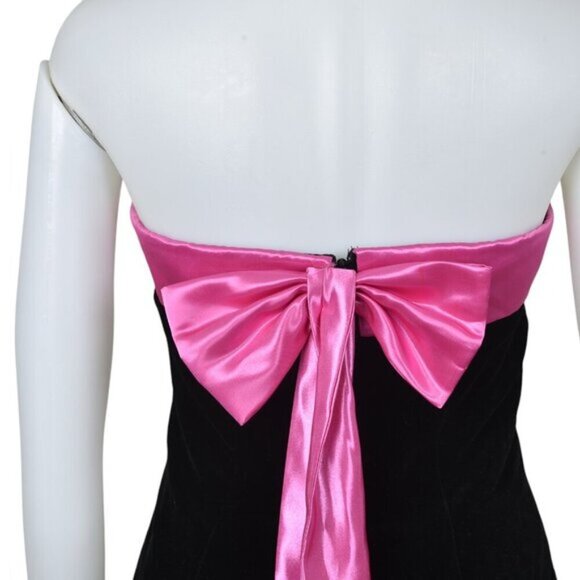 Vintage Y2K Liliane H Paris Velvet Dress Pink Satin Bow Strapless Size 8 - Picture 6 of 11
